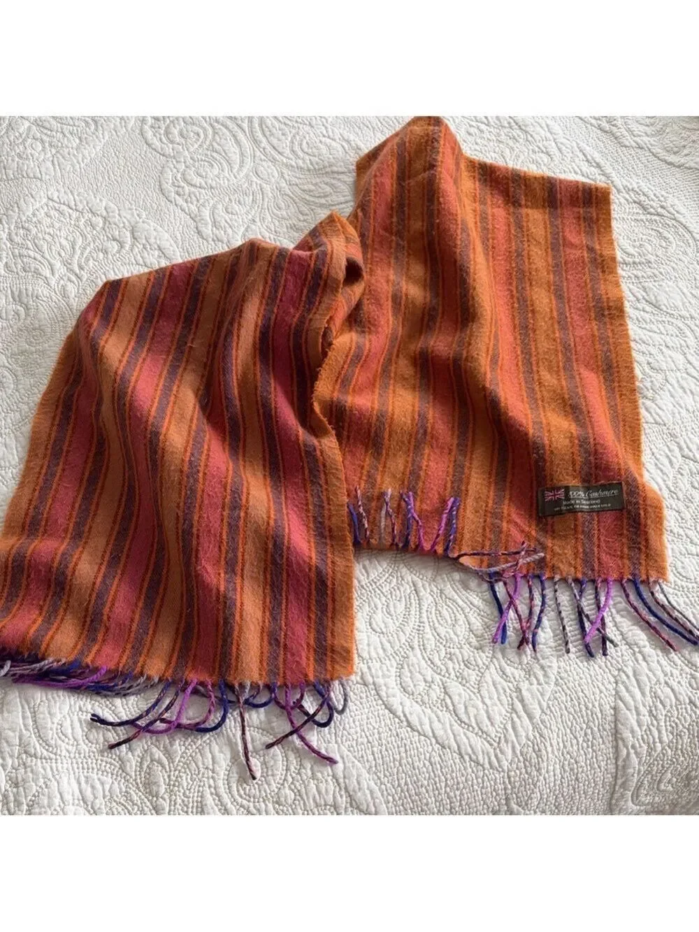 Cashmere Orange & Purple Striped Scarf Made in Scotland 100%